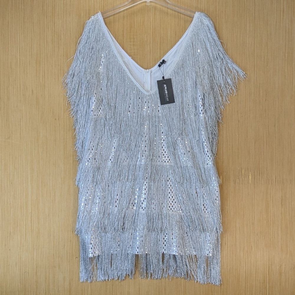 Xpluswear Womens Flapper Roaring 20s Party Silver Sequin Fringe Mini Dress 2XL